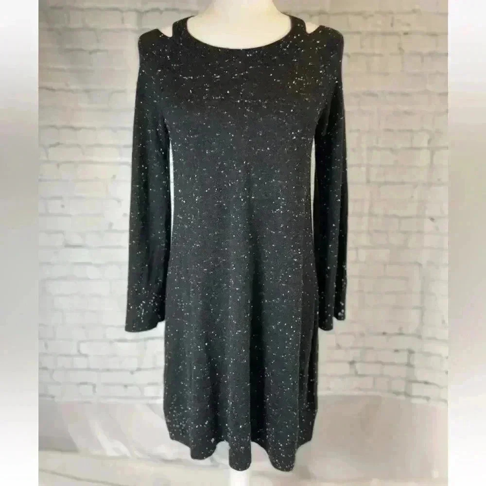 Ann Taylor Loft Sweater Dress Black Speckled Long Sleeve cold Shoulder petite XS